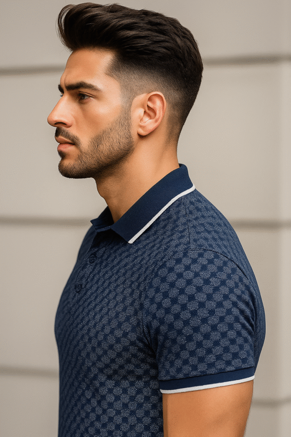 Textured Polo – Navy Check - Image 3